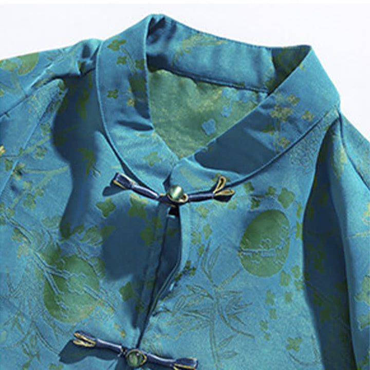 Buddha Stones Summer Tang Style Mandarin Collar Frog Button Side Slit Solid Men's Elbow-Length Sleeve Shirts - image 3