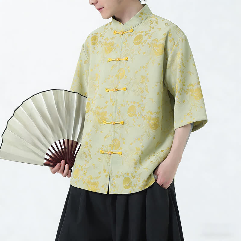 Buddha Stones Summer Tang Style Mandarin Collar Frog Button Side Slit Solid Men's Elbow-Length Sleeve Shirts - image 9