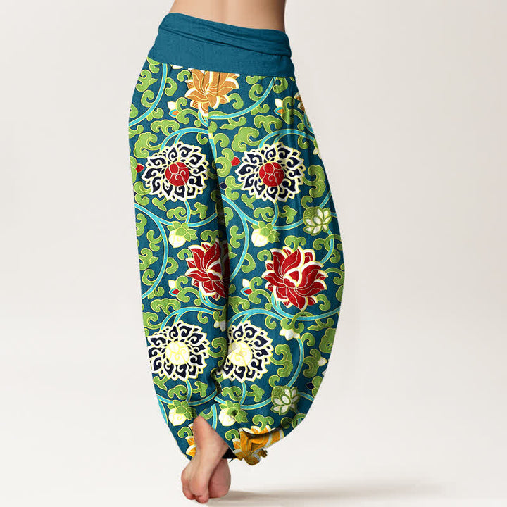 Buddha Stones Pure Cotton Bohemian Lotus Vine Pattern Women's Elastic Waist Harem Pants - image 1