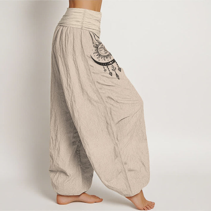 Buddha Stones Pure Cotton Sun Moon Star Tassel Pattern Women's Elastic Waist Harem Pants - image 1