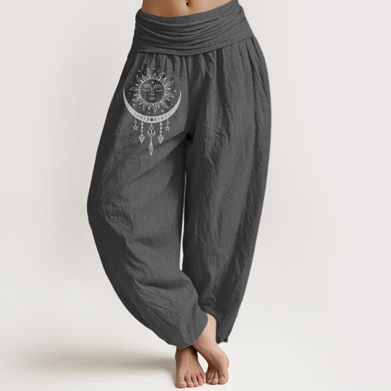 Buddha Stones Pure Cotton Sun Moon Star Tassel Pattern Women's Elastic Waist Harem Pants - DimGray - US16，UK/AU20，EU48 (3XL) - image 11