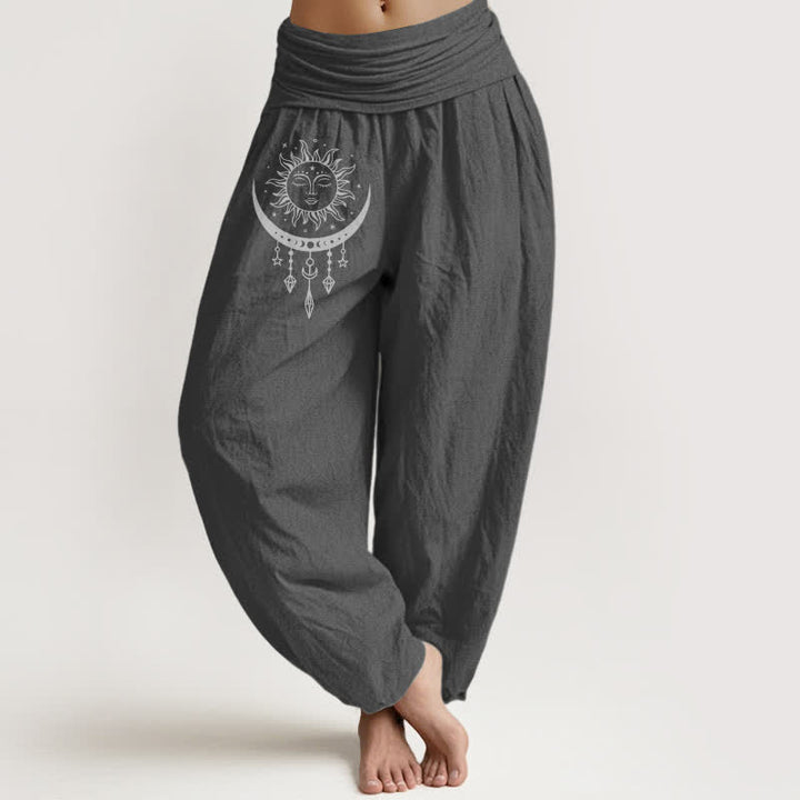Buddha Stones Pure Cotton Sun Moon Star Tassel Pattern Women's Elastic Waist Harem Pants - DimGray - US16，UK/AU20，EU48 (3XL) - image 11