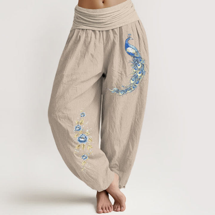 Buddha Stones Pure Cotton Peacock Bloom Pattern Women's Elastic Waist Harem Pants - Tan - US16，UK/AU20，EU48 (3XL) - image 5