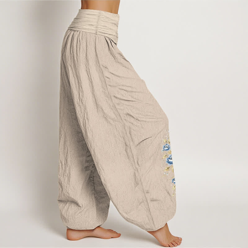 Buddha Stones Pure Cotton Peacock Bloom Pattern Women's Elastic Waist Harem Pants - image 6