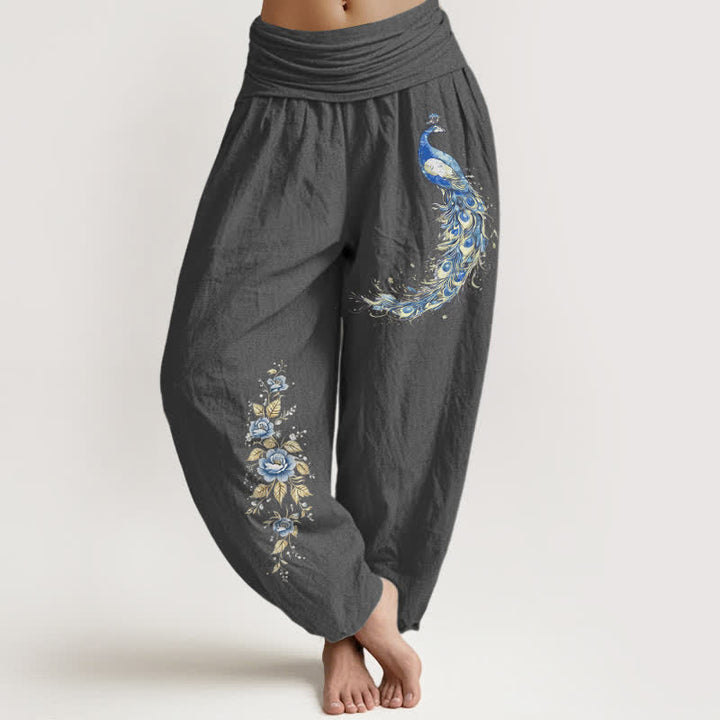 Buddha Stones Pure Cotton Peacock Bloom Pattern Women's Elastic Waist Harem Pants - DimGray - US16，UK/AU20，EU48 (3XL) - image 11