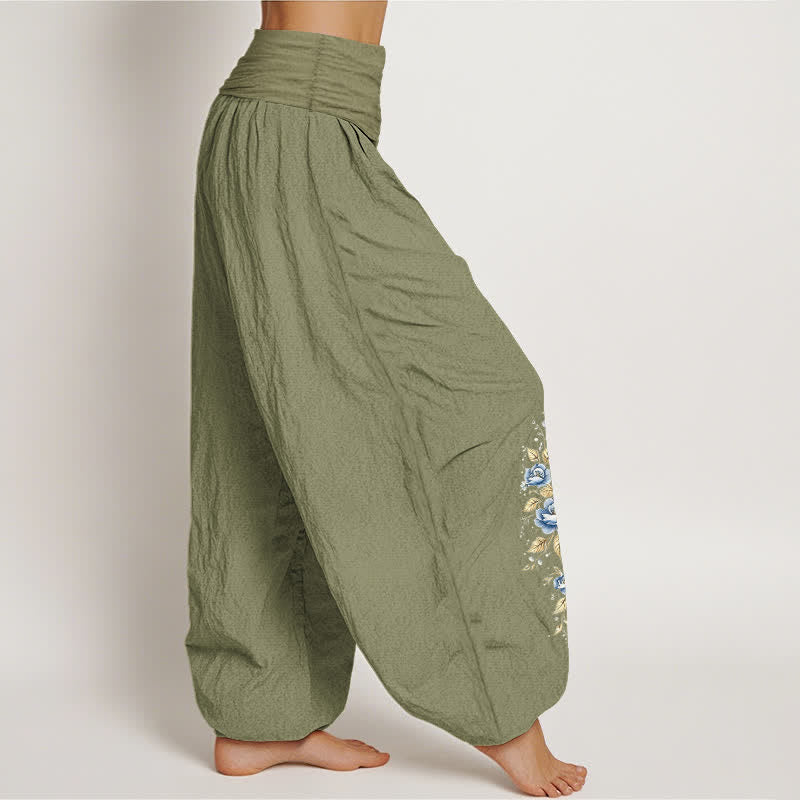 Buddha Stones Pure Cotton Peacock Bloom Pattern Women's Elastic Waist Harem Pants - image 15