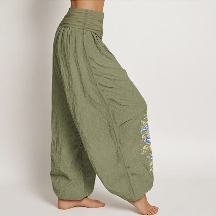 Buddha Stones Pure Cotton Peacock Bloom Pattern Women's Elastic Waist Harem Pants - image 15