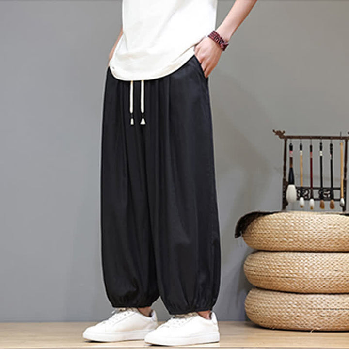 Buddha Stones Summer Zen Elastic Waist Cuff Men's Cropped Harem Pants With Pockets - image 33