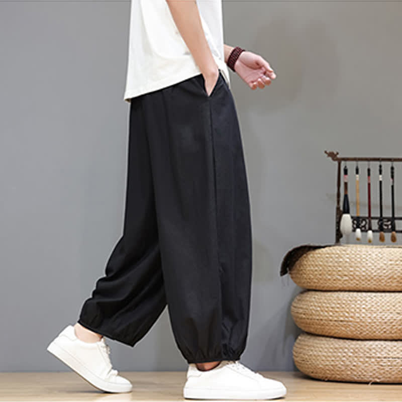 Buddha Stones Summer Zen Elastic Waist Cuff Men's Cropped Harem Pants With Pockets - image 35