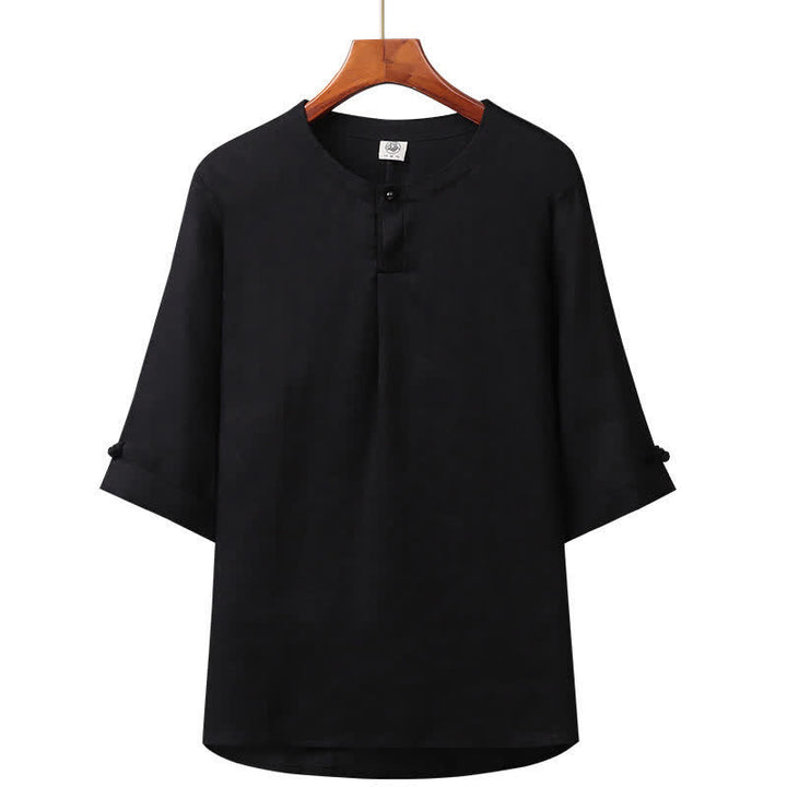 Buddha Stones Spring Summer Minimalist Button-Up Solid Linen Men's Elbow-Length Sleeve Shirt - Black - US/UK/AU42，EU52 (3XL) - image 6