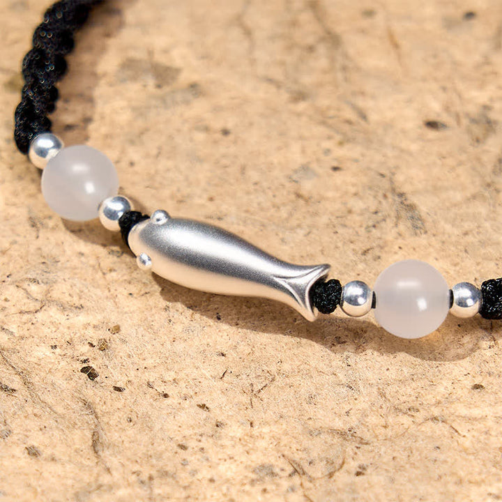 Buddha Stones 999 Sterling Silver Koi Fish White Agate Braided Rope Protection Bracelet - image 4