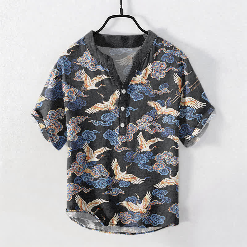 Buddha Stones Cotton Oriental Crane Cloud Pattern Men's Short Sleeve Half Button Shirt - DarkGray - US/UK/AU50，EU60 (5XL) - image 0