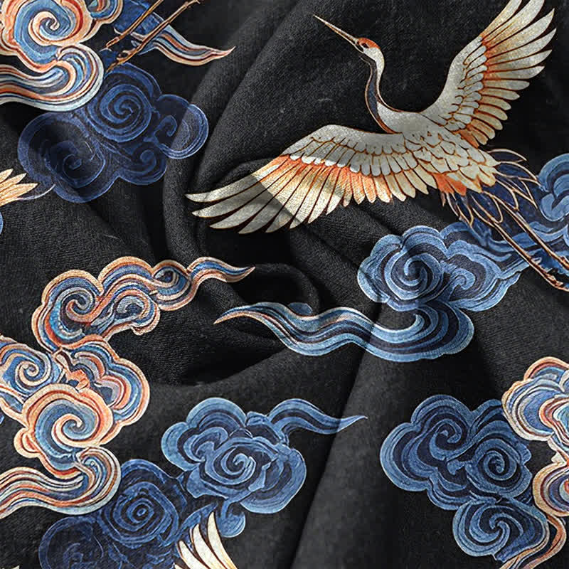 Buddha Stones Cotton Oriental Crane Cloud Pattern Men's Short Sleeve Half Button Shirt - image 4