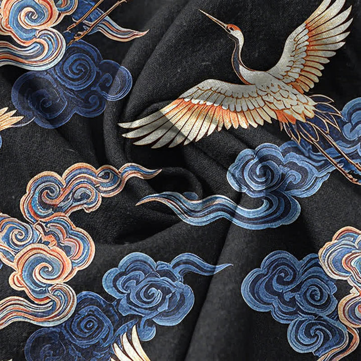 Buddha Stones Cotton Oriental Crane Cloud Pattern Men's Short Sleeve Half Button Shirt - image 4