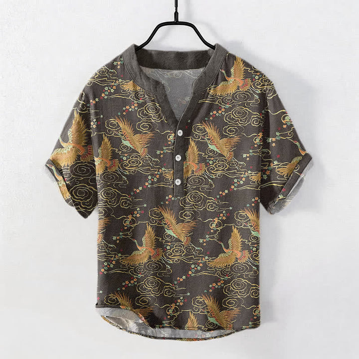 Buddha Stones Cotton Golden Crane Cloud Pattern Men's Short Sleeve Half Button Shirt - DimGray - US/UK/AU50，EU60 (5XL) - image 0