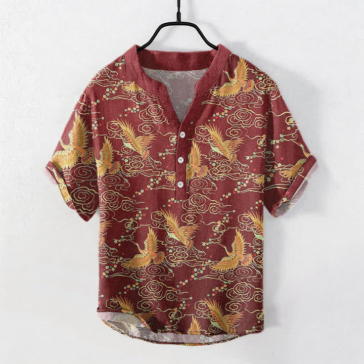 Buddha Stones Cotton Golden Crane Cloud Pattern Men's Short Sleeve Half Button Shirt - Maroon - US/UK/AU50，EU60 (5XL) - image 7