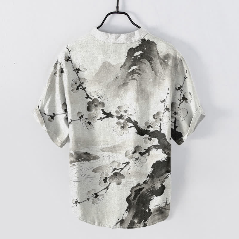 Buddha Stones Cotton Ink Plum Blossom Pattern Men's Short Sleeve Half Button Shirt - image 1