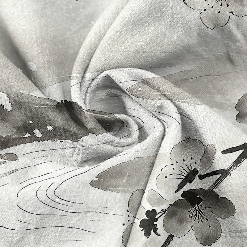 Buddha Stones Cotton Ink Plum Blossom Pattern Men's Short Sleeve Half Button Shirt - image 2