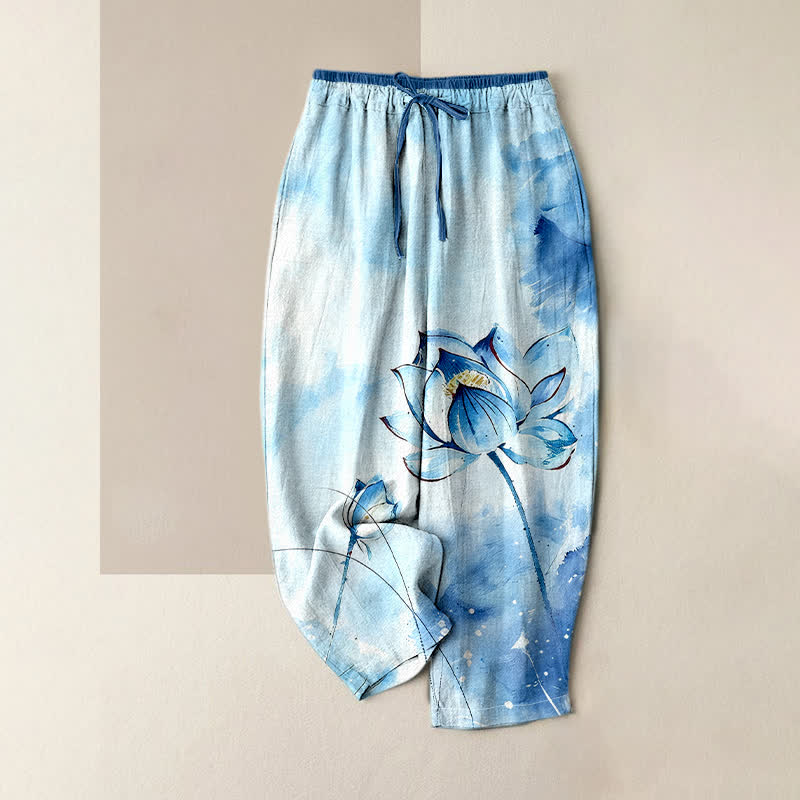 Buddha Stones Pure Cotton Watercolor Lotus Pattern Women's Elastic Waist Pants With Pockets - LightBlue - US16，UK/AU20，EU48 (3XL) - image 0