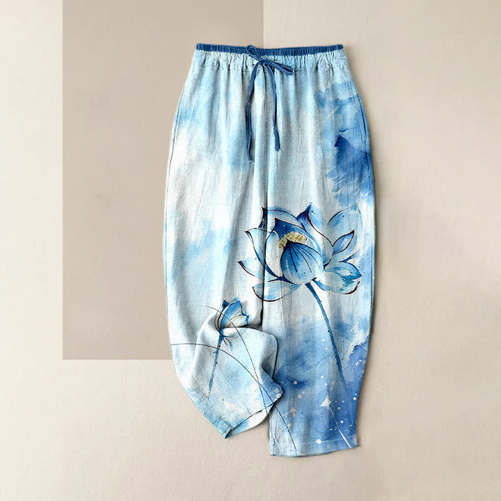 Buddha Stones Pure Cotton Watercolor Lotus Pattern Women's Elastic Waist Pants With Pockets - LightBlue - US16，UK/AU20，EU48 (3XL) - image 0