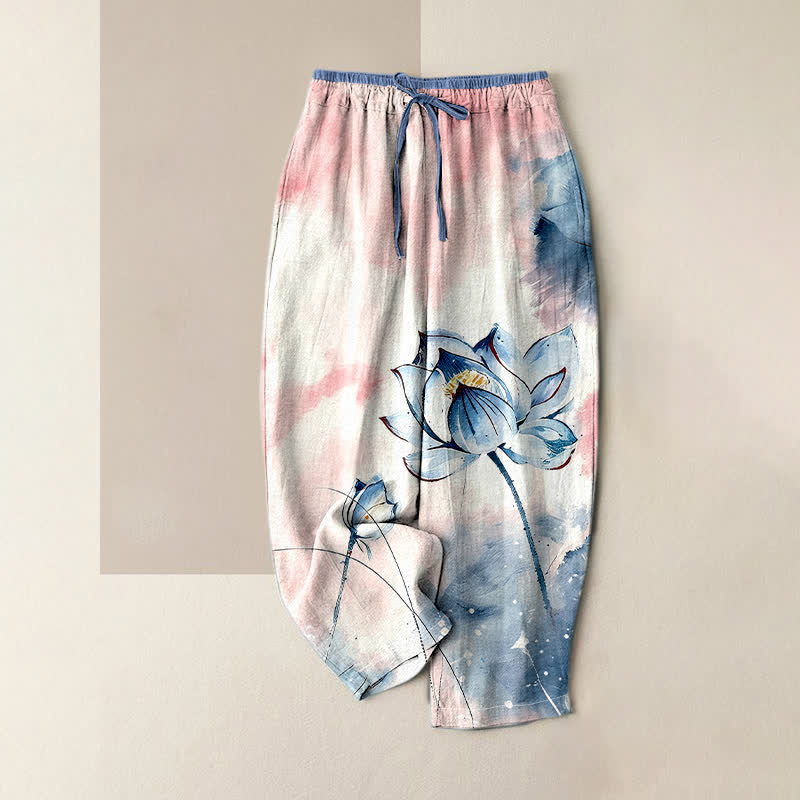Buddha Stones Pure Cotton Watercolor Lotus Pattern Women's Elastic Waist Pants With Pockets - Ivory - US16，UK/AU20，EU48 (3XL) - image 3