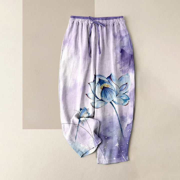 Buddha Stones Pure Cotton Watercolor Lotus Pattern Women's Elastic Waist Pants With Pockets - Lavender - US16，UK/AU20，EU48 (3XL) - image 4