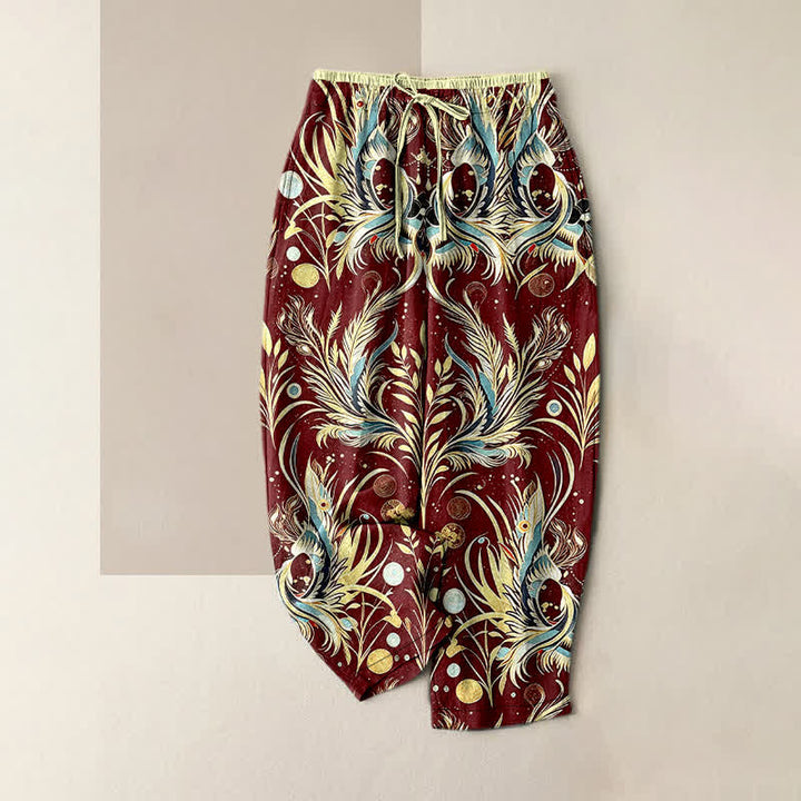 Buddha Stones Pure Cotton Peacock Feather Dot Pattern Women's Elastic Waist Pants With Pockets - Maroon - US16，UK/AU20，EU48 (3XL) - image 4
