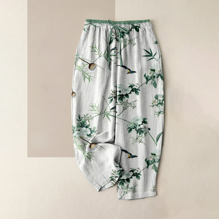 Buddha Stones Pure Cotton Watercolor Bamboo Flower Bird Pattern Women's Elastic Waist Pants With Pockets - White - US16，UK/AU20，EU48 (3XL) - image 0