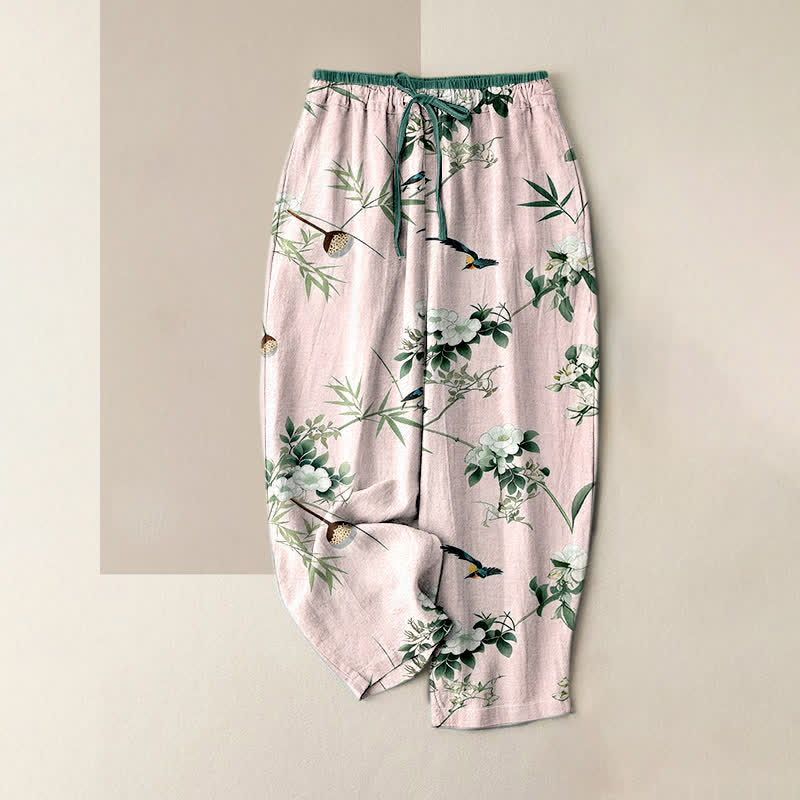 Buddha Stones Pure Cotton Watercolor Bamboo Flower Bird Pattern Women's Elastic Waist Pants With Pockets - LightPink - US16，UK/AU20，EU48 (3XL) - image 3