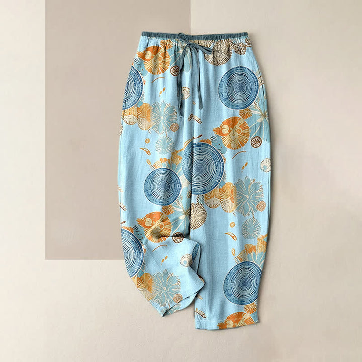 Buddha Stones Pure Cotton Orange Floral Pattern Women's Elastic Waist Pants With Pockets - LightBlue - US16，UK/AU20，EU48 (3XL) - image 3