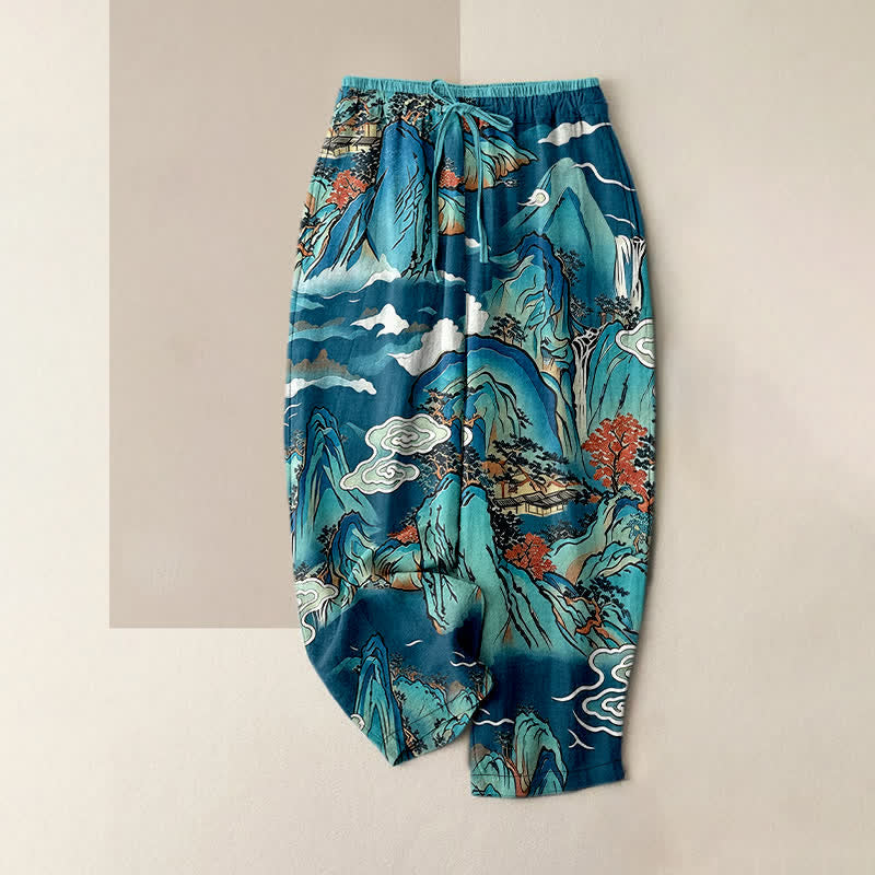 Buddha Stones Pure Cotton Oriental Mountain Mist Pattern Women's Elastic Waist Pants With Pockets - Turquoise - US16，UK/AU20，EU48 (3XL) - image 4