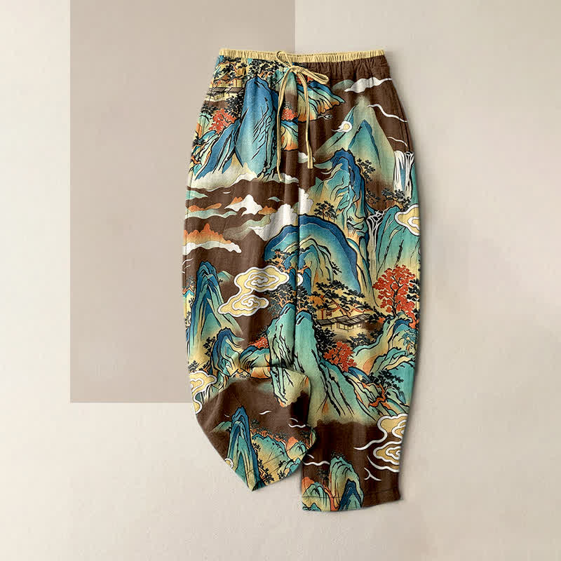 Buddha Stones Pure Cotton Oriental Mountain Mist Pattern Women's Elastic Waist Pants With Pockets - SaddleBrown - US16，UK/AU20，EU48 (3XL) - image 5