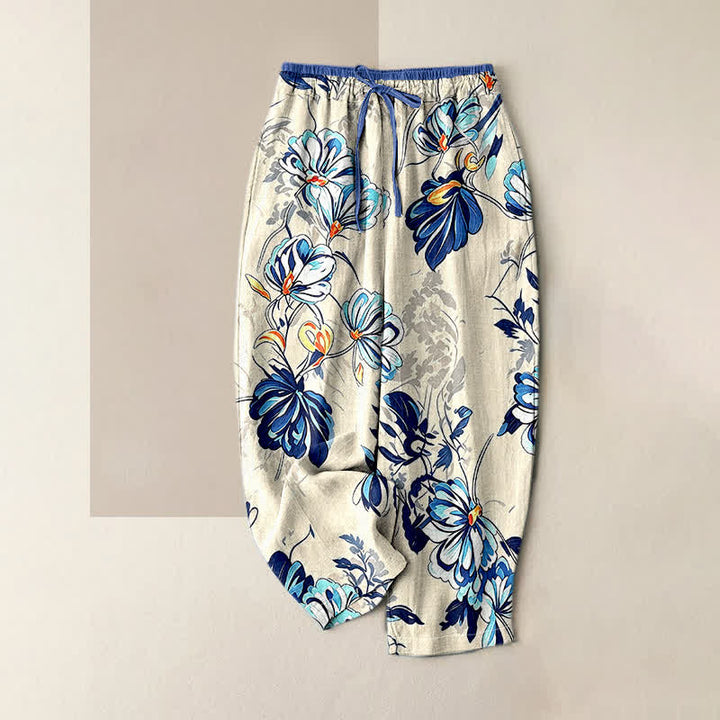 Buddha Stones Pure Cotton Indigo Botanical Bloom Pattern Women's Elastic Waist Pants With Pockets - Ivory - US16，UK/AU20，EU48 (3XL) - image 0