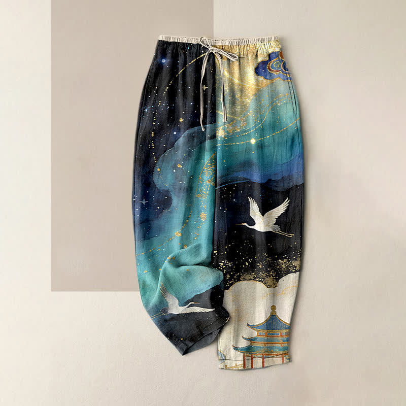 Buddha Stones Pure Cotton Oriental Crane Watercolor Pattern Women's Elastic Waist Pants With Pockets - Turquoise - US16，UK/AU20，EU48 (3XL) - image 0
