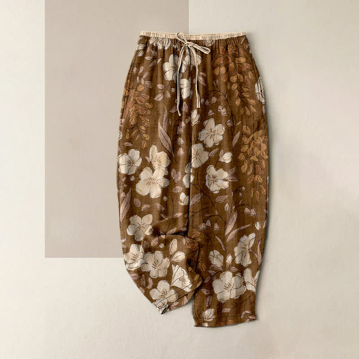 Buddha Stones Pure Cotton Floral Pattern Women's Elastic Waist Pants With Pockets - Sienna - US16，UK/AU20，EU48 (3XL) - image 0