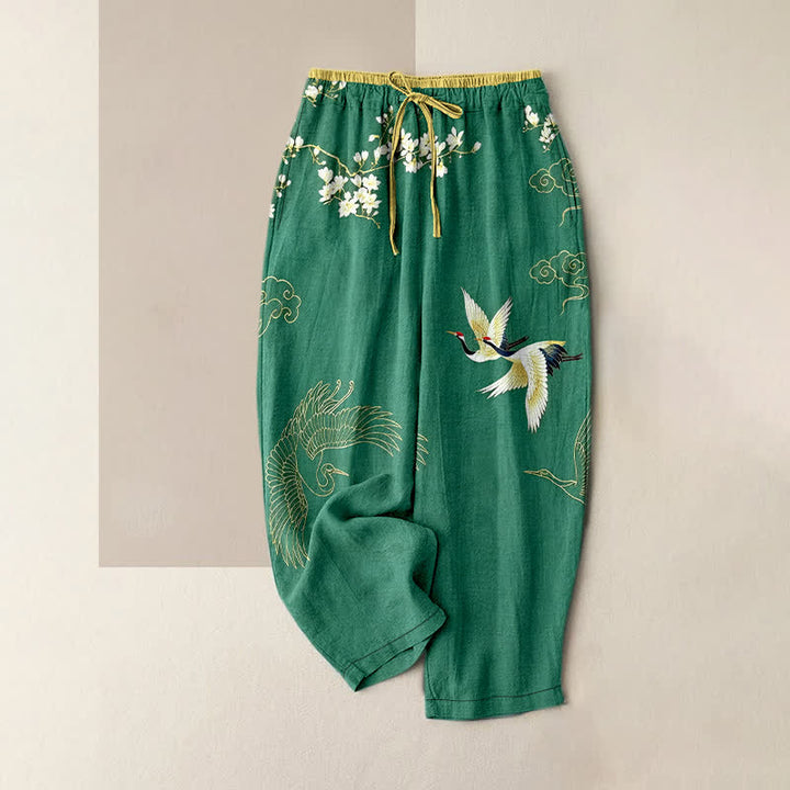 Buddha Stones Pure Cotton Flying Crane Floral Pattern Women's Elastic Waist Pants With Pockets - ForestGreen - US16，UK/AU20，EU48 (3XL) - image 0