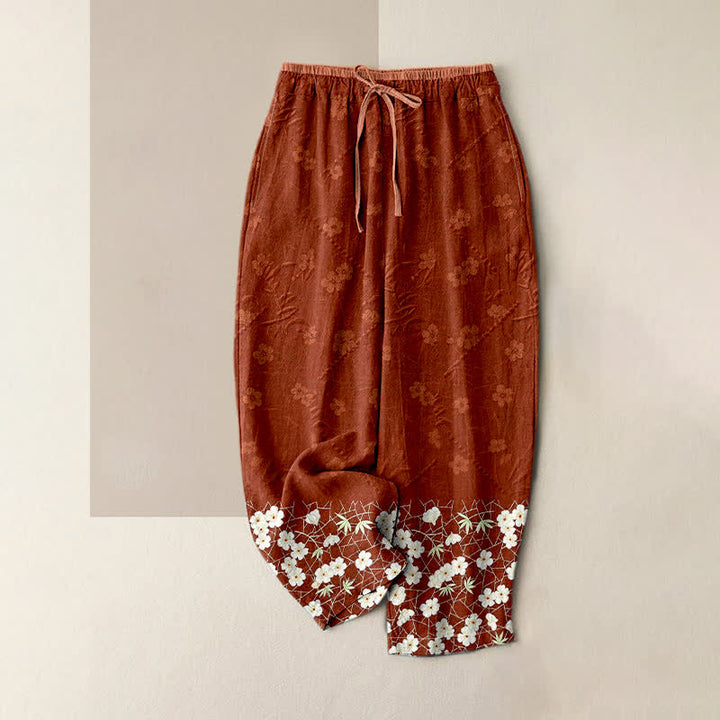 Buddha Stones Pure Cotton Floral Pattern Women's Elastic Waist Pants With Pockets - Sienna - US16，UK/AU20，EU48 (3XL) - image 0