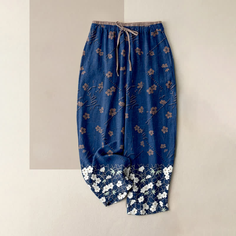 Buddha Stones Pure Cotton Floral Pattern Women's Elastic Waist Pants With Pockets - Navy - US16，UK/AU20，EU48 (3XL) - image 3