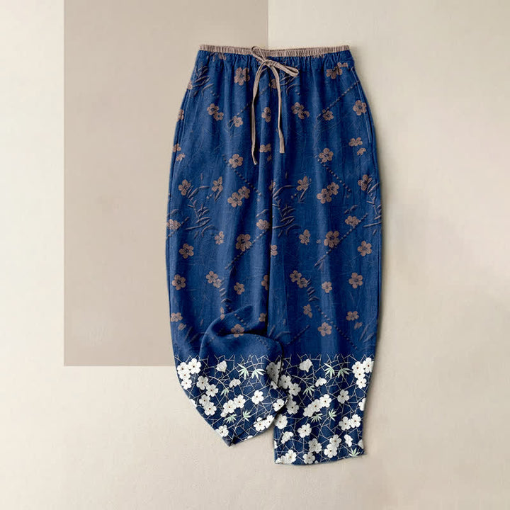 Buddha Stones Pure Cotton Floral Pattern Women's Elastic Waist Pants With Pockets - Navy - US16，UK/AU20，EU48 (3XL) - image 3