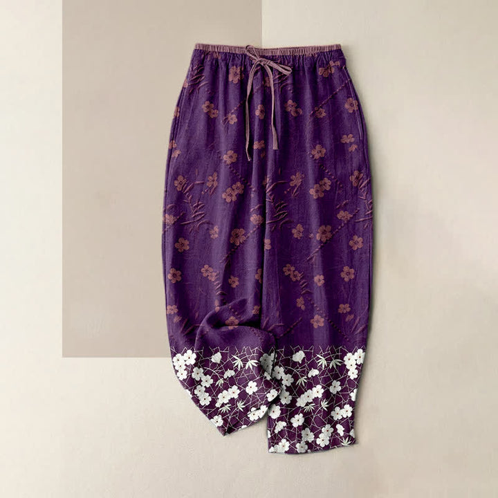 Buddha Stones Pure Cotton Floral Pattern Women's Elastic Waist Pants With Pockets - Purple - US16，UK/AU20，EU48 (3XL) - image 4