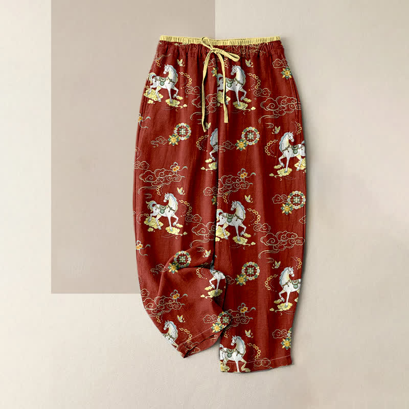 Buddha Stones Pure Cotton Equestrian Cloud Floral Pattern Women's Elastic Waist Pants With Pockets - Sienna - US16，UK/AU20，EU48 (3XL) - image 0