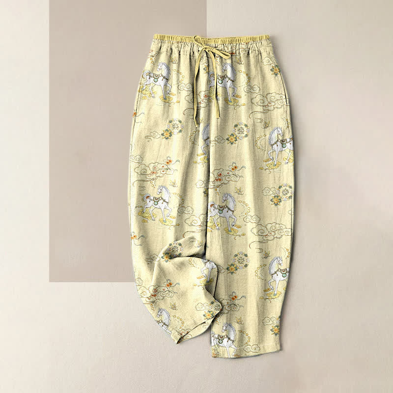 Buddha Stones Pure Cotton Equestrian Cloud Floral Pattern Women's Elastic Waist Pants With Pockets - Cornsilk - US16，UK/AU20，EU48 (3XL) - image 3