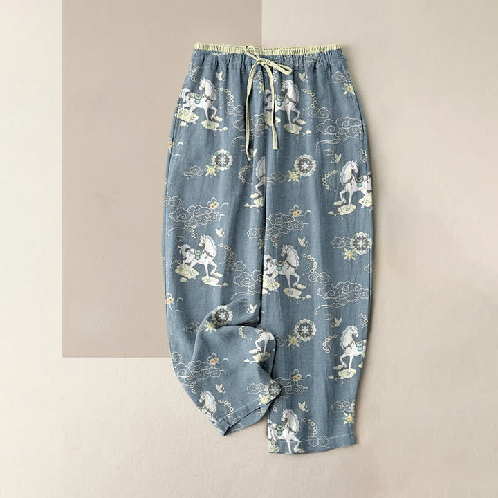 Buddha Stones Pure Cotton Equestrian Cloud Floral Pattern Women's Elastic Waist Pants With Pockets - SteelBlue - US16，UK/AU20，EU48 (3XL) - image 4