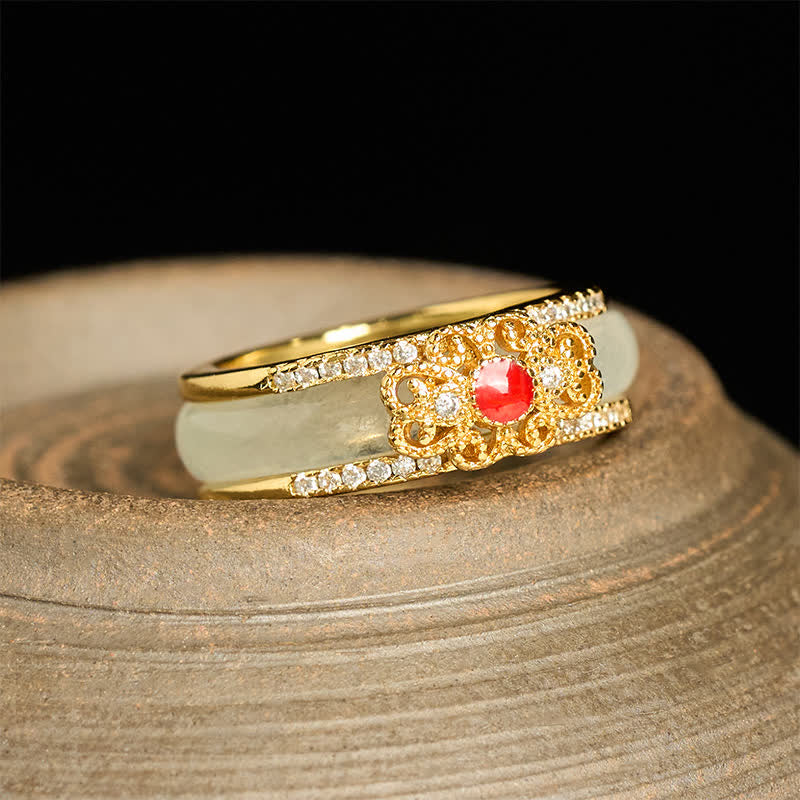 Buddha Stones Gold-Plated Copper Glass Flower Wealth Ring - Gold-Plated Copper(17.3mm) - image 0