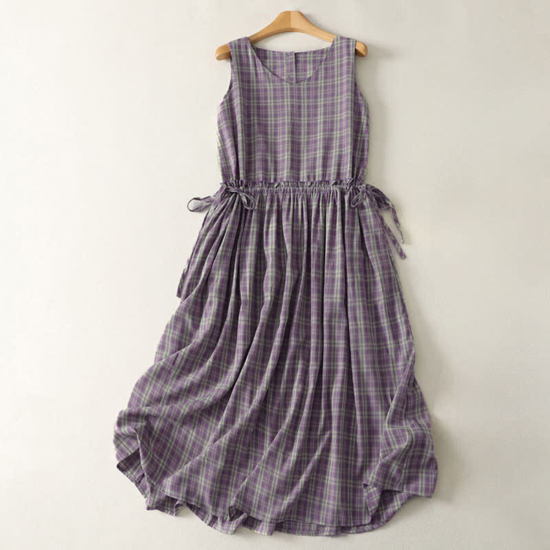 Buddha Stones Summer Vintage Drawstring Waist Button-Up Plaid Cotton Women's Sleeveless Dress With Pockets - blueviolet - US12，UK/AU16，EU44 (2XL) - image 0