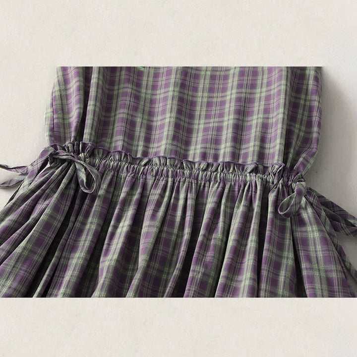 Buddha Stones Summer Vintage Drawstring Waist Button-Up Plaid Cotton Women's Sleeveless Dress With Pockets - image 6