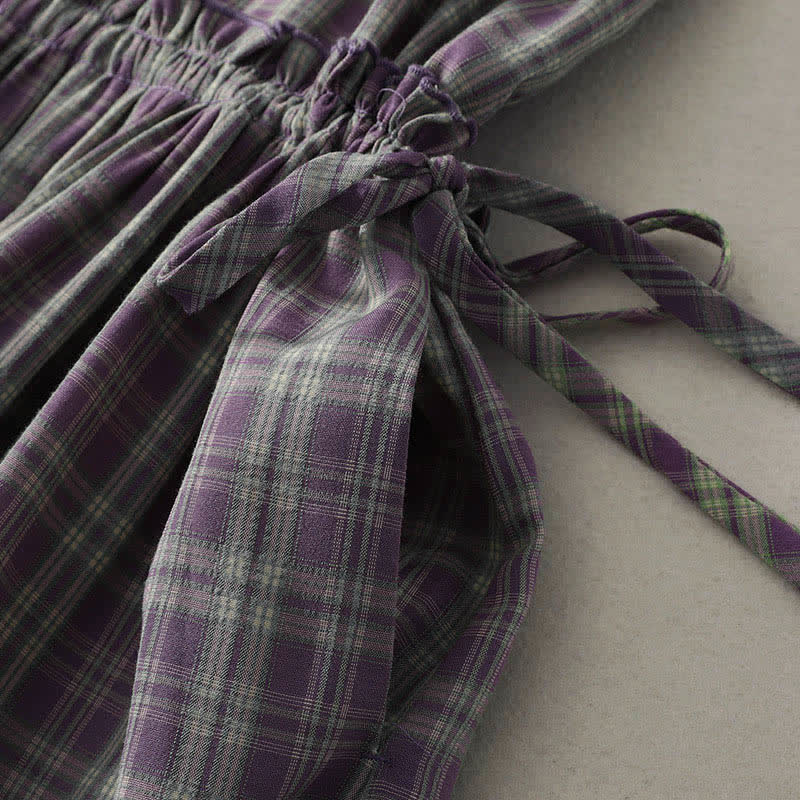Buddha Stones Summer Vintage Drawstring Waist Button-Up Plaid Cotton Women's Sleeveless Dress With Pockets - image 7