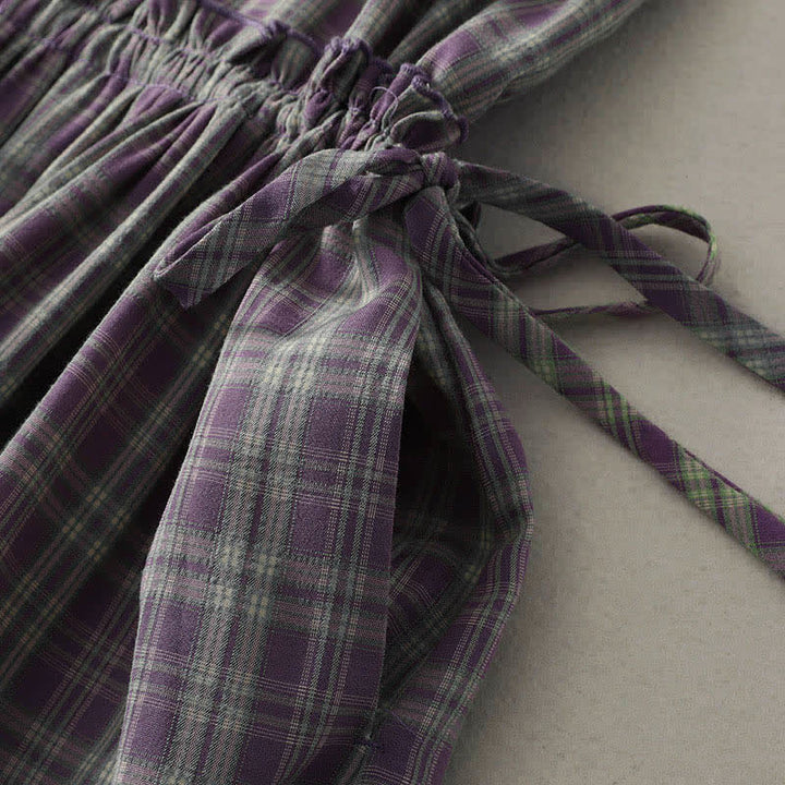 Buddha Stones Summer Vintage Drawstring Waist Button-Up Plaid Cotton Women's Sleeveless Dress With Pockets - image 7
