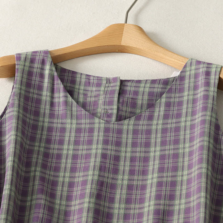 Buddha Stones Summer Vintage Drawstring Waist Button-Up Plaid Cotton Women's Sleeveless Dress With Pockets - image 2