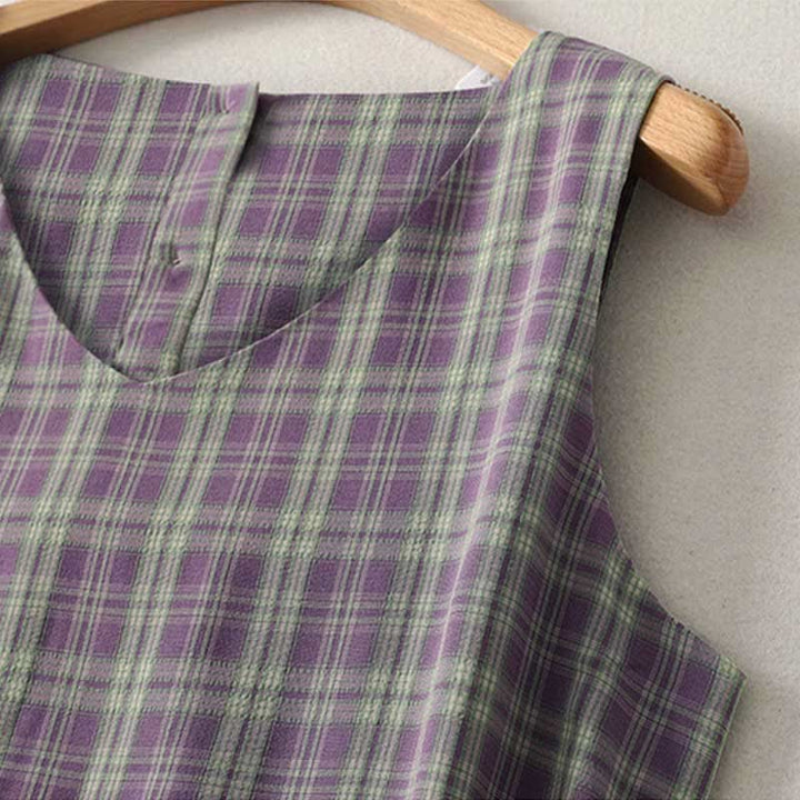 Buddha Stones Summer Vintage Drawstring Waist Button-Up Plaid Cotton Women's Sleeveless Dress With Pockets - image 3